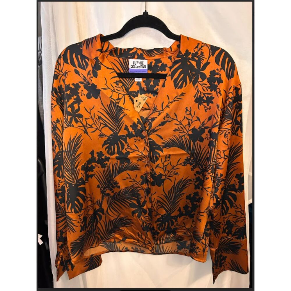 Rust Orange Floral Button-Down Blouse – Long Sleeve Satin Feel Top